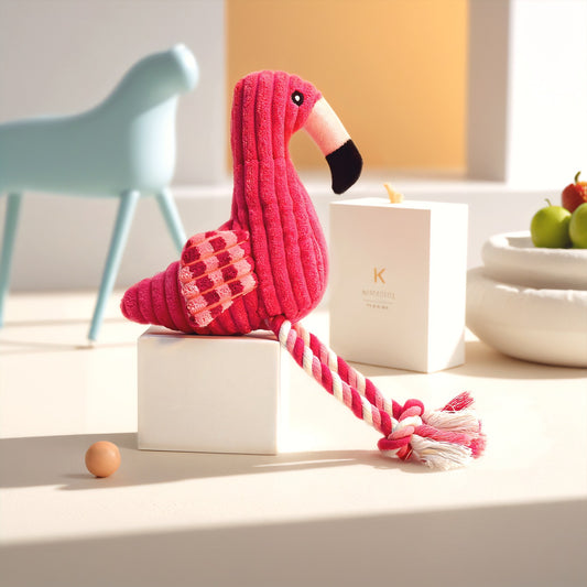 Flamingo plush toy with a pink and black design, featuring a rope tail and sitting on a white block.
