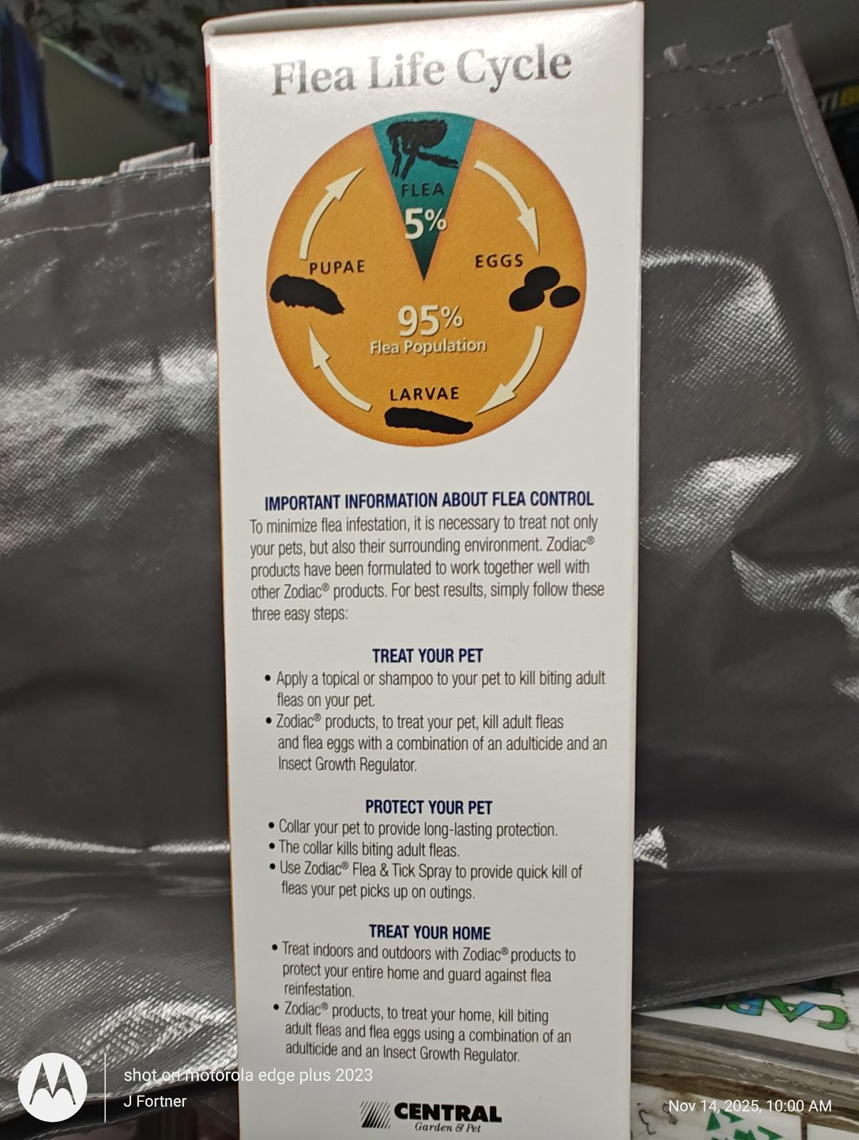 Flea Life Cycle product showing stages from eggs to larvae, emphasizing 95% effectiveness in flea control.
