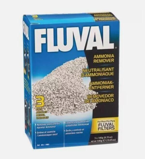 Fluval ammonia remover for aquariums, effectively neutralizes ammonia with 3 packets included.