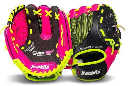 Franklin Neo-Classic pink and black baseball glove with neon yellow accents.