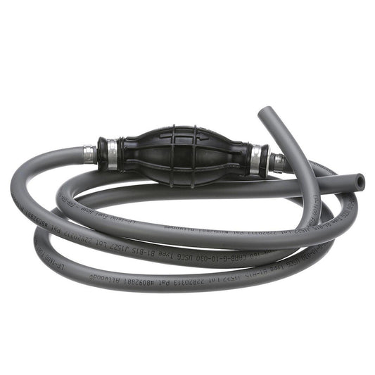 Fuel transfer hose with a black pump and gray tubing for efficient liquid movement.