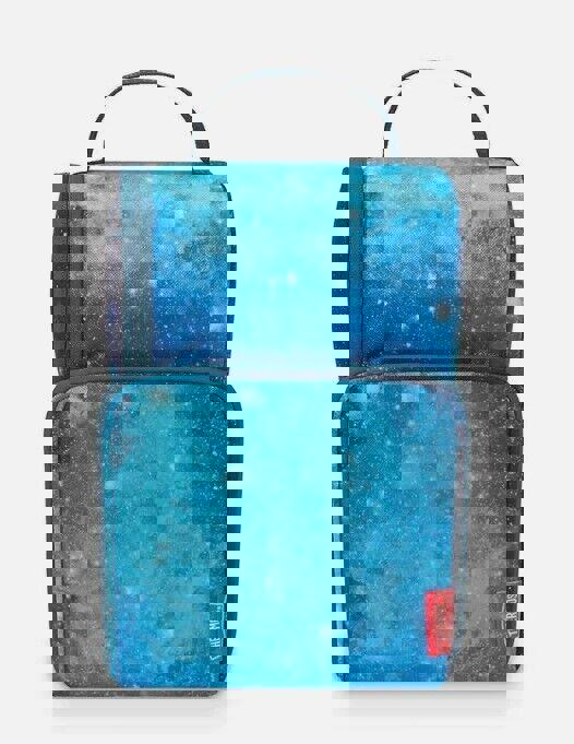 Galaxy Print Lunch Bag featuring a vibrant blue cosmic design with stars.