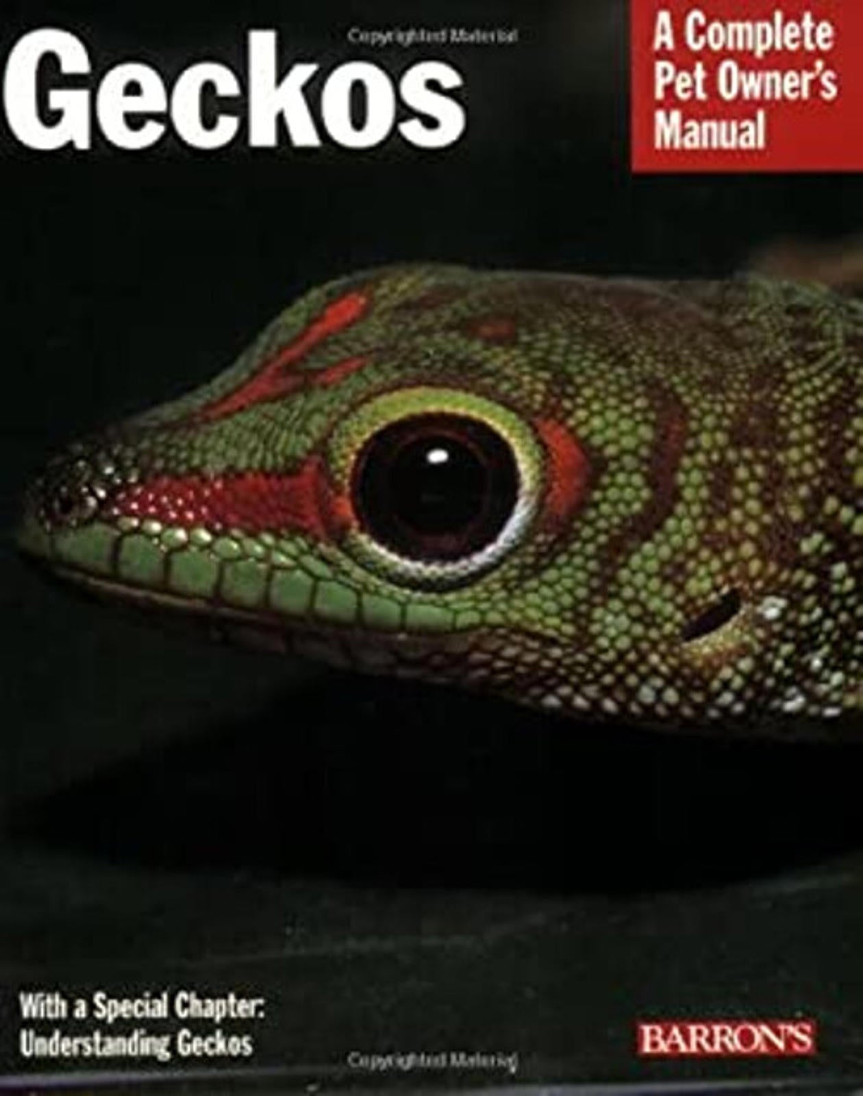 Geckos pet owner's manual featuring a close-up of a colorful gecko's head.