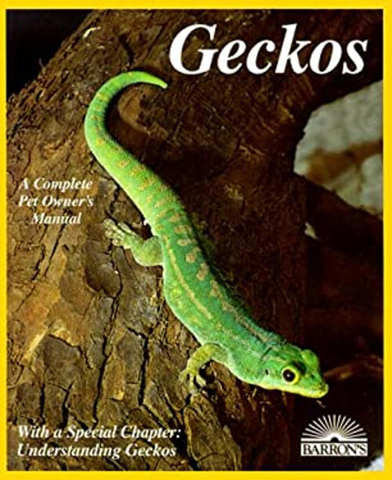 Geckos pet owner's manual featuring a vibrant green gecko on a textured surface.