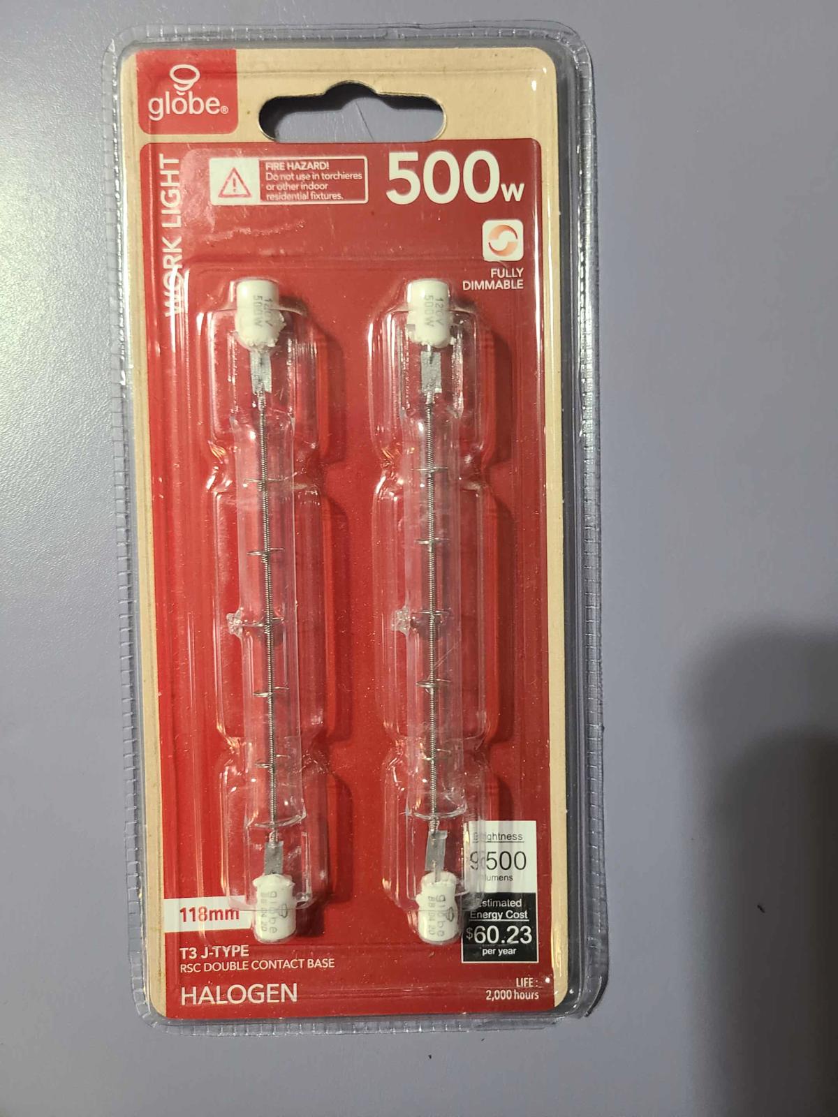 Globe 500W halogen work light bulbs in packaging, featuring two clear bulbs.