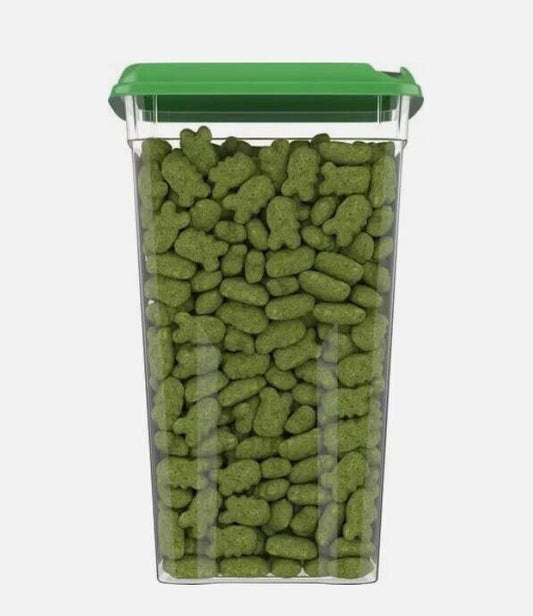 Green gummy bear container filled with vibrant green gummy candies.
