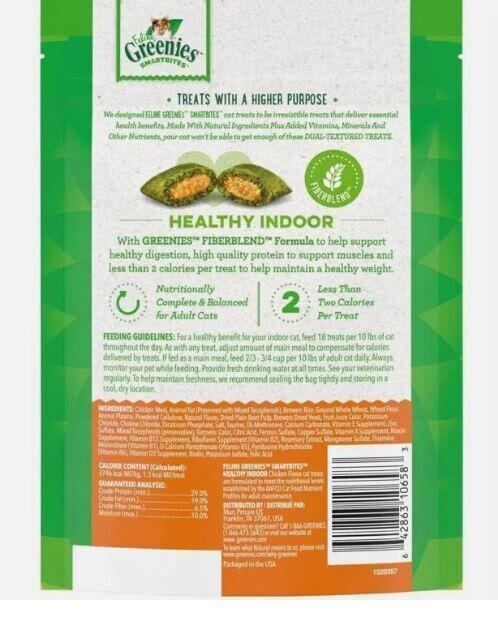 Greenies Healthy Indoor cat treats with natural ingredients for digestive health.