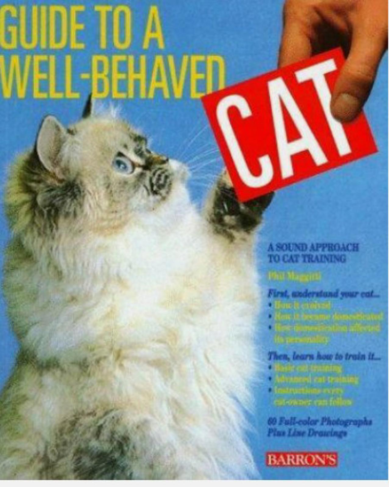 Guide to a Well-Behaved Cat book cover featuring a fluffy cat reaching for a red card.
