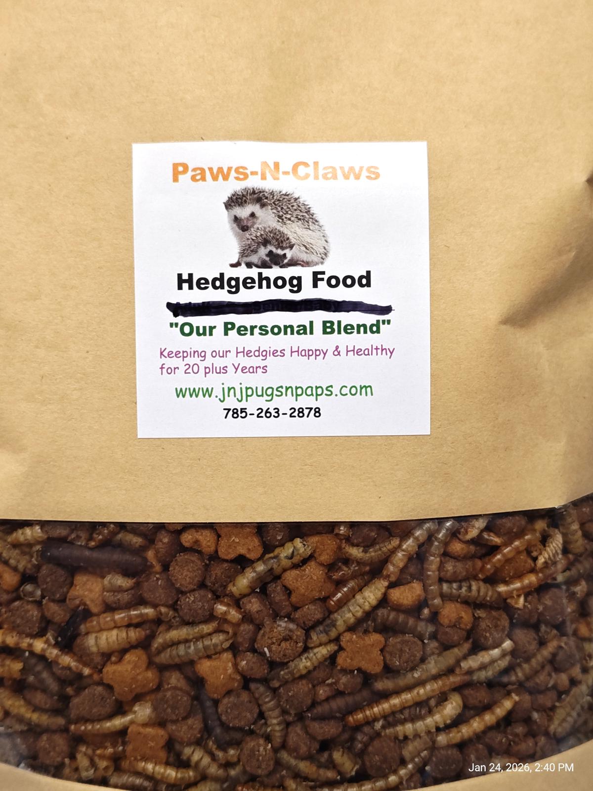 Hedgehog Food from Paws-N-Claws, featuring a mix of kibble and mealworms for a balanced diet.
