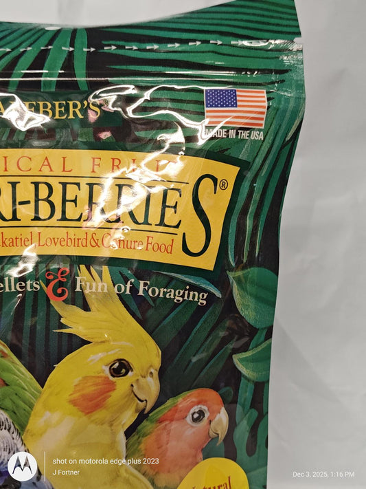 Higgins Sun-BiLLies bird food featuring colorful pellets for lovebirds and cockatiels.