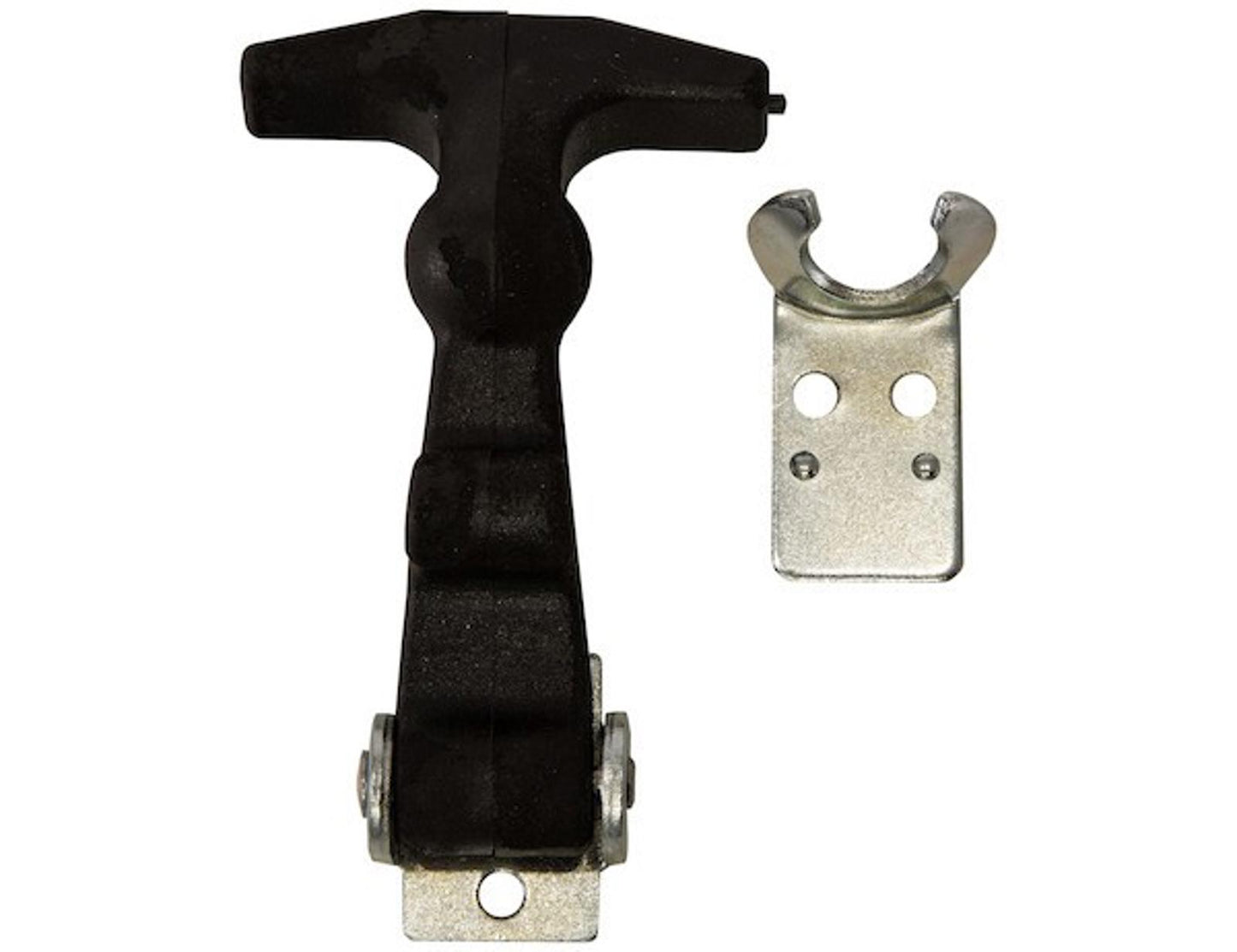 Hinge assembly for secure door operation, featuring a black metal hinge and silver mounting bracket.