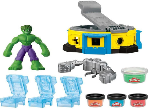 Hulk Play-Doh set featuring Hulk figure, colorful molds, and accessories for creative play.