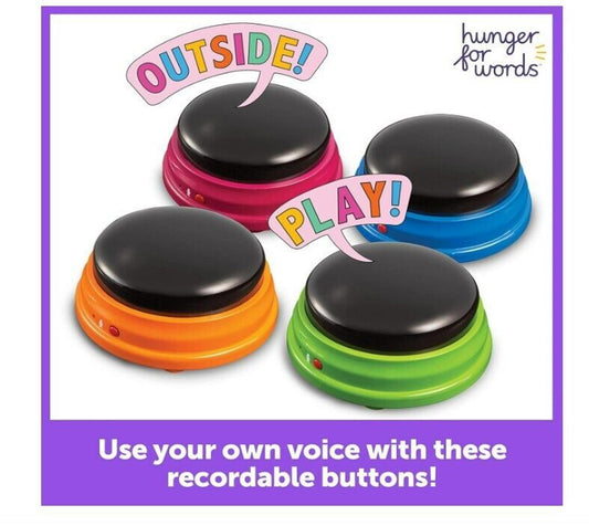 Hunger for Words recordable buttons in orange, green, blue, and purple colors for interactive play.