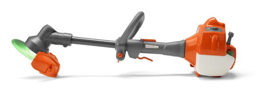 Husqvarna 128LD trimmer with a curved shaft and green cutting blade.