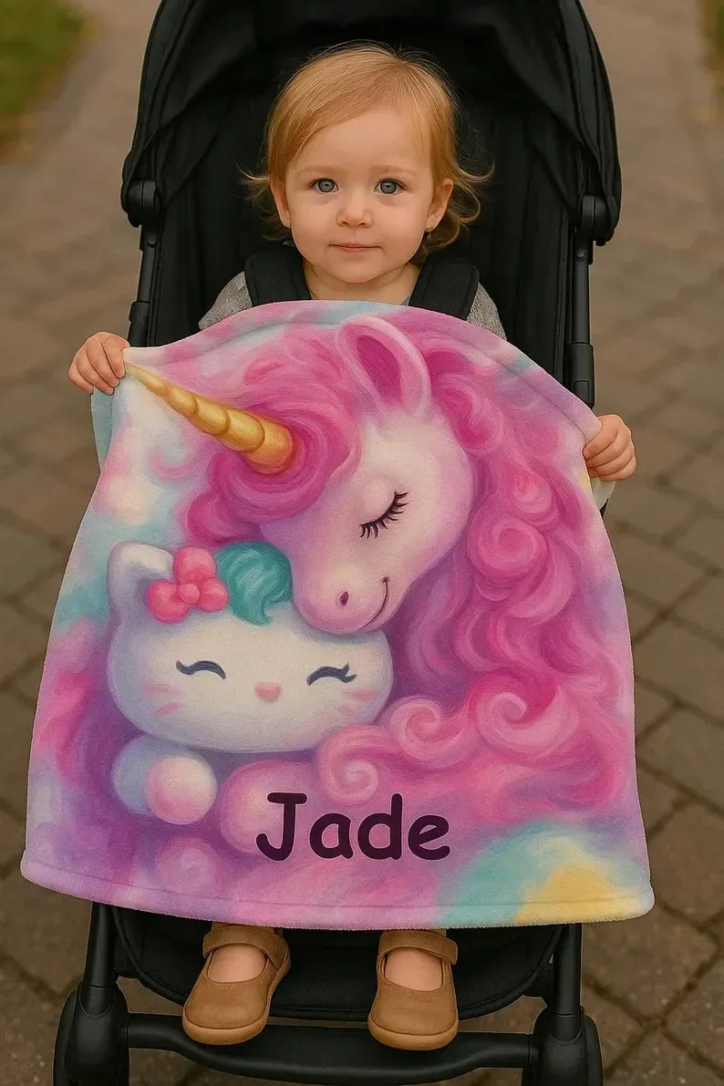 Personalized Unicorn Blanket | Custom Name | Dreamy Pink Unicorn Kawaii Kitty Pastel Rainbow Fleece Throw Gift