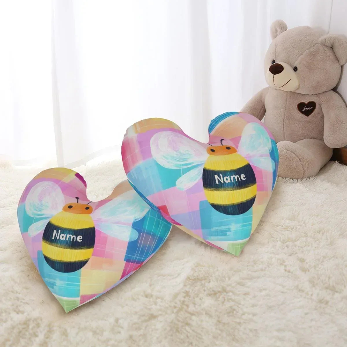 Personalized Bee Heart Pillow | Custom Name | Pastel Rainbow Plush Cushion Gift