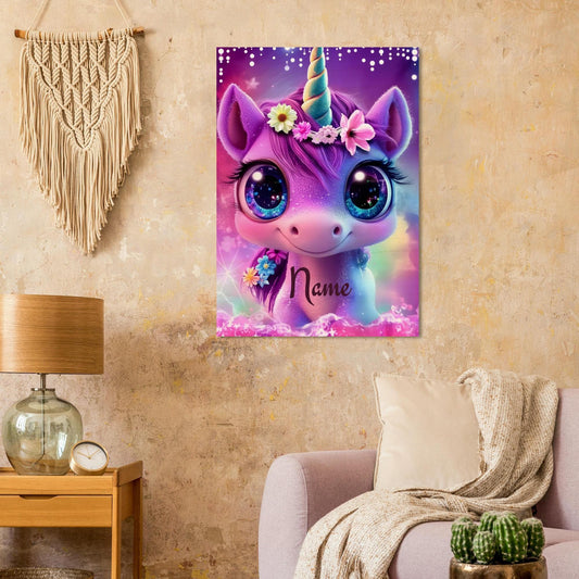 Personalized Unicorn Wall Art | Custom Name | Galaxy Eyes Baby Unicorn Floral Crown Purple Pink Wood Print Nursery Decor Gift