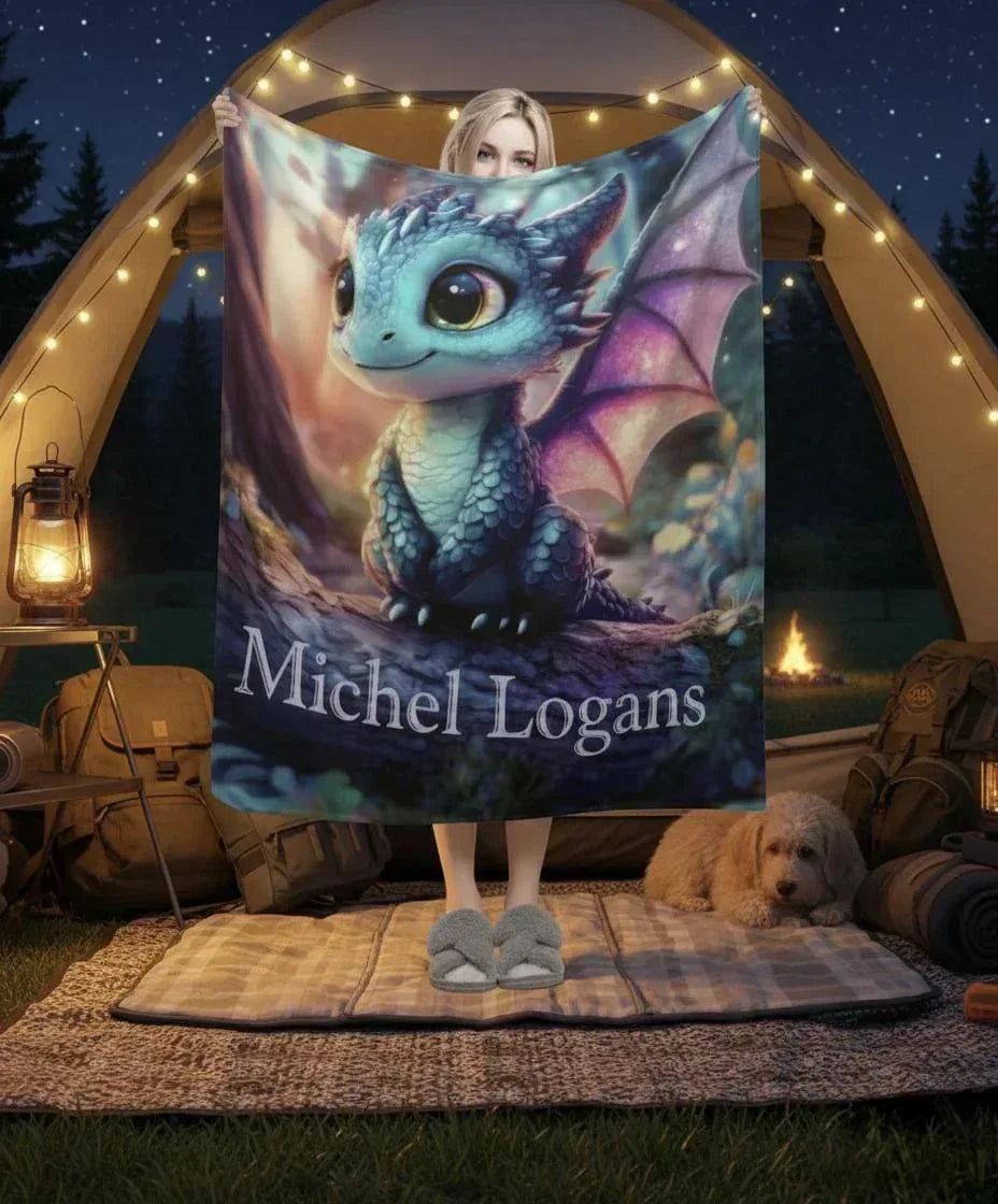Personalized Blue Dragon Blanket | Custom Name | Magical Fantasy Fleece Throw Gift
