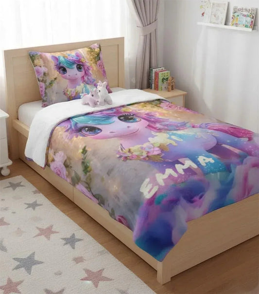 Personalized Unicorn Blanket | Custom Name | Baby Unicorn Rainbow Mane Floral Garden Sparkle 3D Flannel Fleece Throw Gift