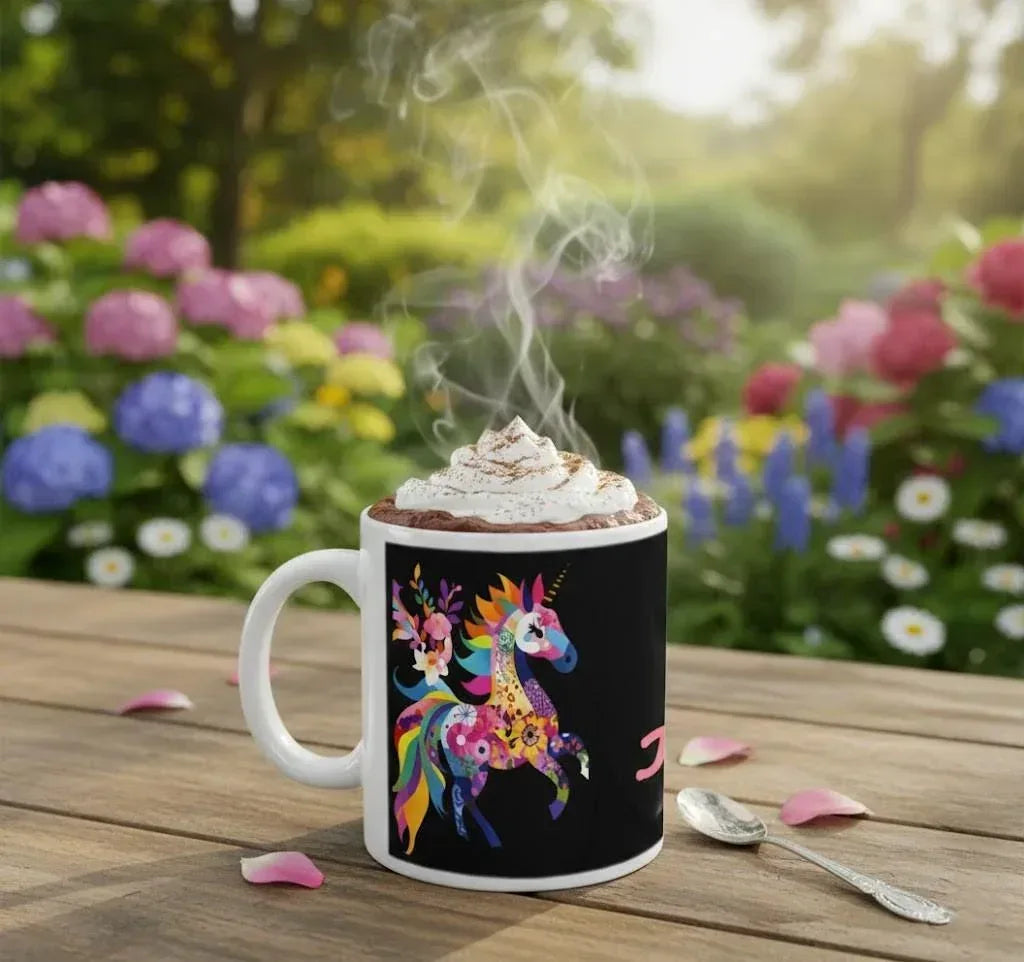 Personalized Rainbow Unicorn Mug | Custom Name | Black 11 oz Ceramic Coffee Tea Cup Gift