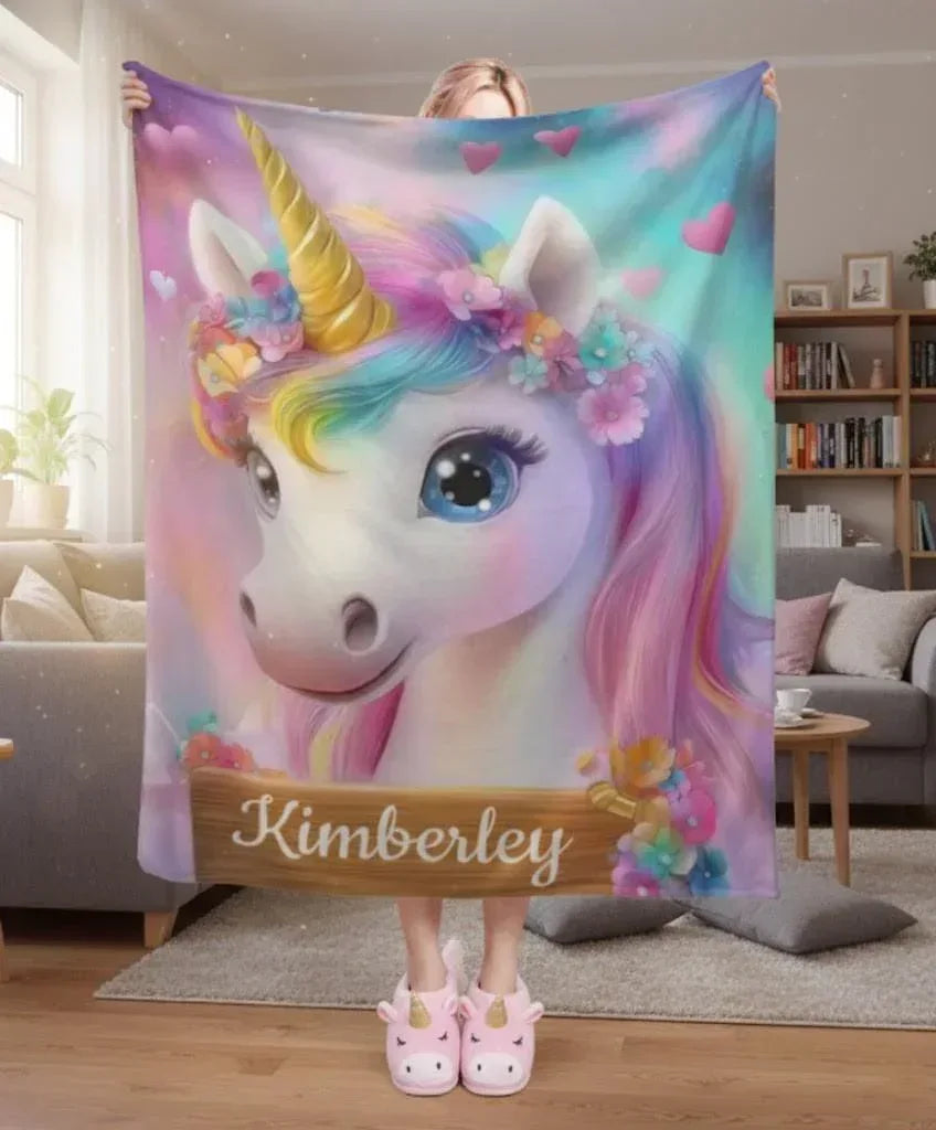 Personalized Unicorn Blanket | Custom Name | Rainbow Mane Blue Eyes Gold Horn Fleece Throw Gift for Girls