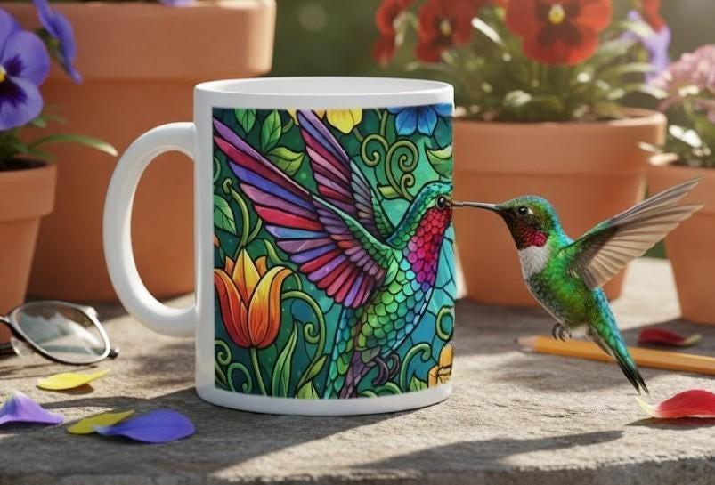 Hummingbird Mug | Stained Glass Jewel-Tone Hummingbird Tropical Flowers Ceramic Coffee Tea Cup Gift