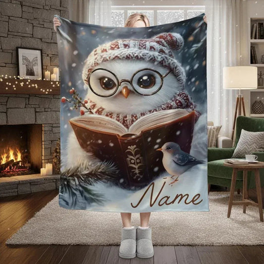 Personalized Winter Owl Blanket | Custom Name | Reading Owl Glasses Snowy Nordic Fleece Throw Gift