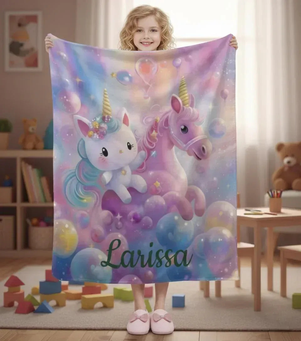 Personalized Kitty & Unicorn Blanket | Custom Name Pastel Rainbow Fleece Throw