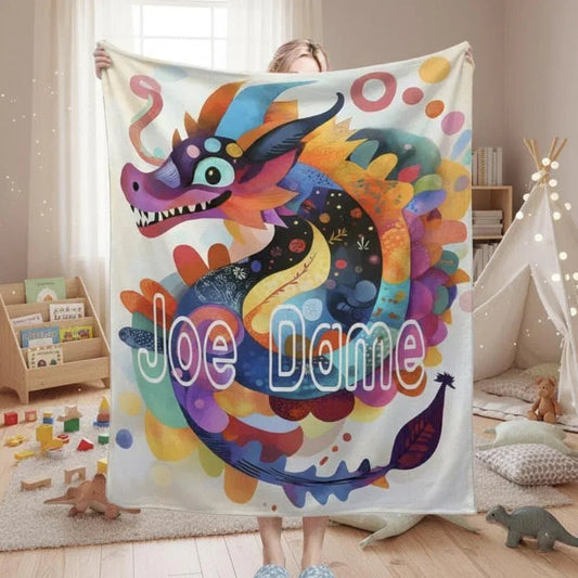 Personalized Dragon Blanket | Custom Name | Folk Art Lunar Dragon Coiling Colorful Paint Splash Cream Background Flannel Fleece Throw Gift