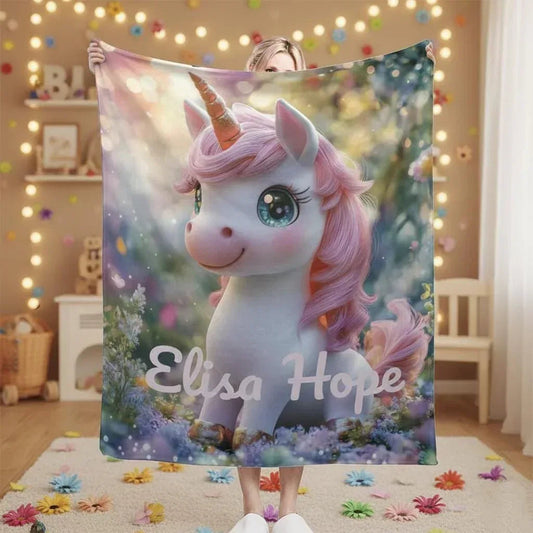 Personalized Pink Unicorn Blanket | Custom Name | Sparkling Eyes Enchanted Forest Fleece Throw Gift