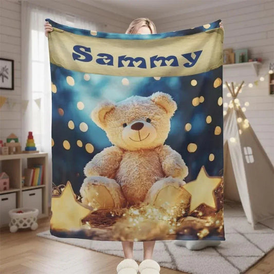 Personalized Teddy Bear Plush Blanket: Dreamy Stars, Flannel Fleece Throw, Super Soft Name Gift