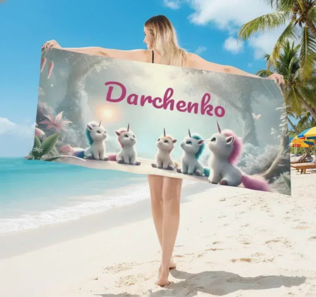 Personalized Unicorn Beach Towel | Custom Name | Pink Woodland Unicorn Microfiber Gift