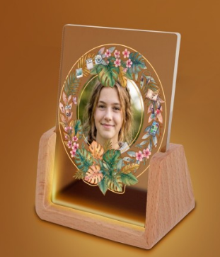 Custom Photo Night Light for Teen Girls | Tropical Floral Wreath with Teen Icons | Upload Her Photo | USB Powered | Wood Base