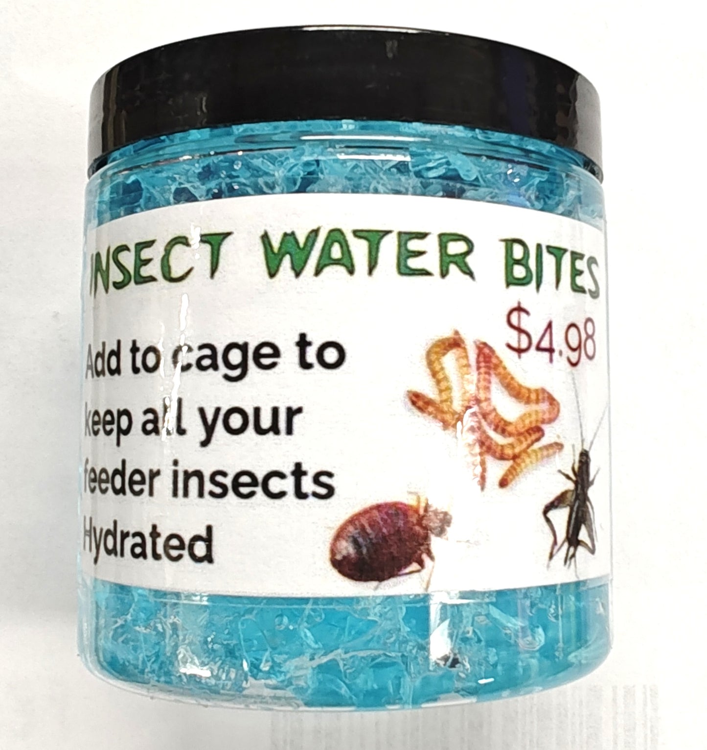 Insect Water Bites for keeping feeder insects hydrated, featuring a blue gel in a clear container.