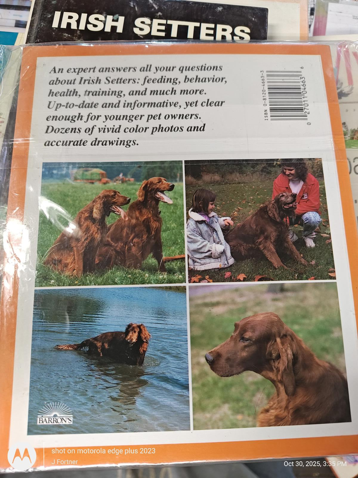 Irish Setters book cover featuring vivid color photos and informative content about the breed.