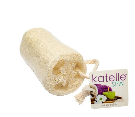 Katelle natural loofah sponge for spa use, featuring a soft texture and attached rope.