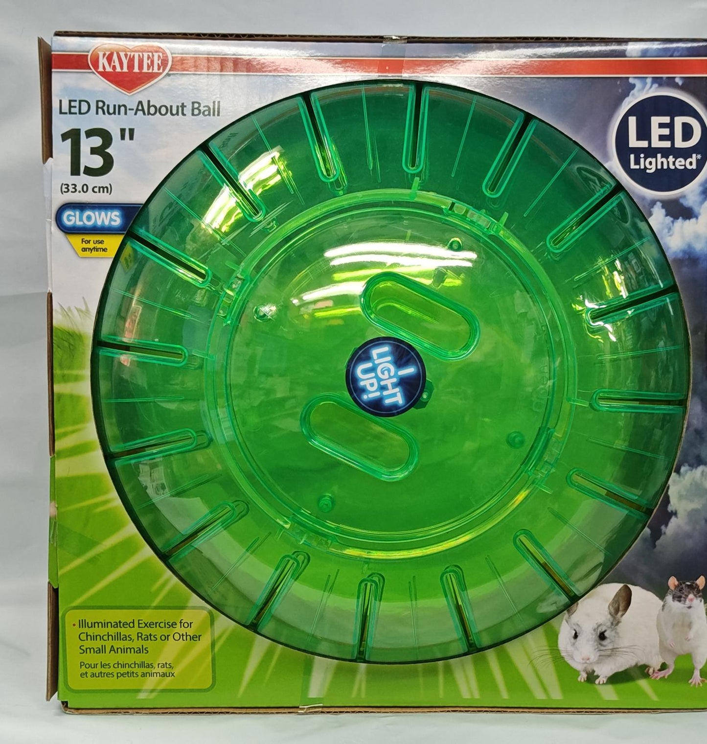 Kaytee LED Run-About Ball in green, 13 inches, designed for small pets with glowing feature.