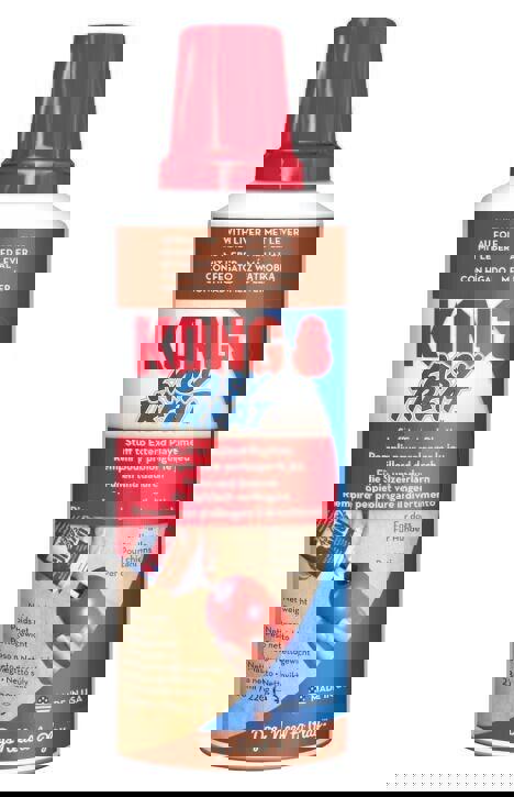 KONG Easy Treat with liver flavor in a spray can, ideal for stuffing toys and rewarding dogs.