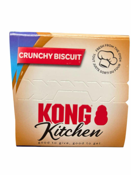 KONG Kitchen crunchy biscuit packaging featuring a colorful design and logo.