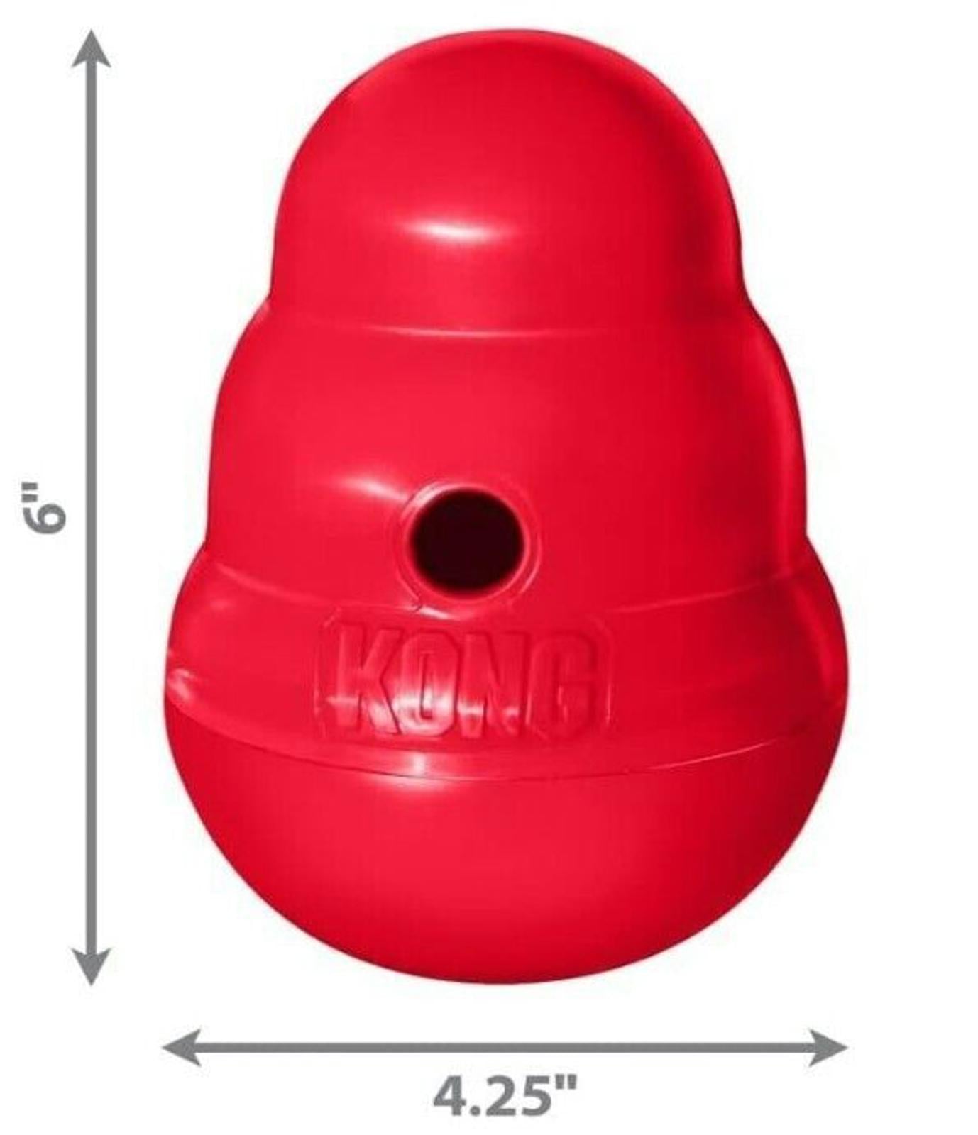 KONG Wobbler toy in red color, 6 inches tall and 4.25 inches wide, designed for interactive play.