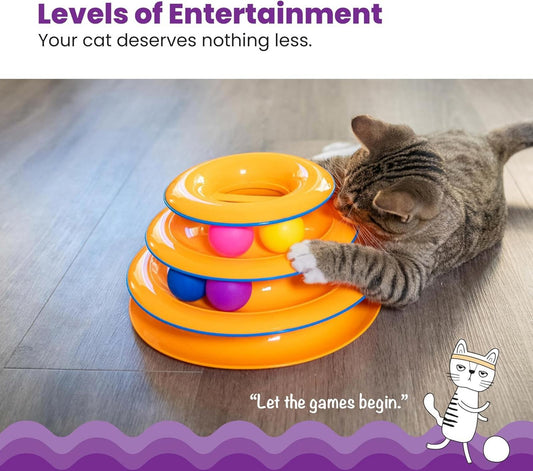 Levels of Entertainment cat toy with three tiers and colorful balls for interactive play.
