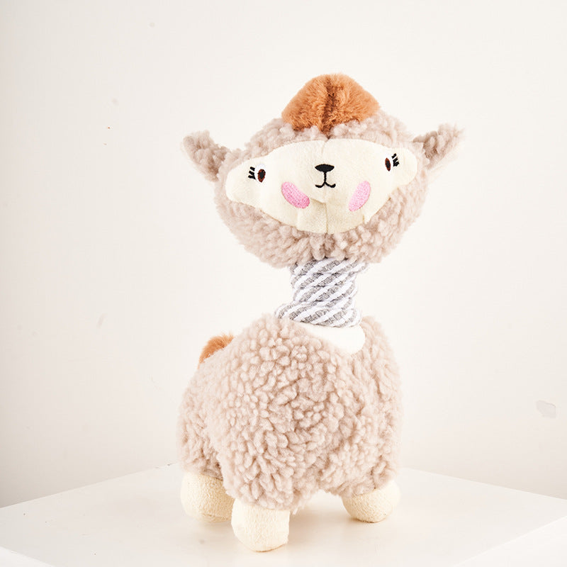 Llama plush toy with a soft, fluffy texture and a rope neck for interactive play.