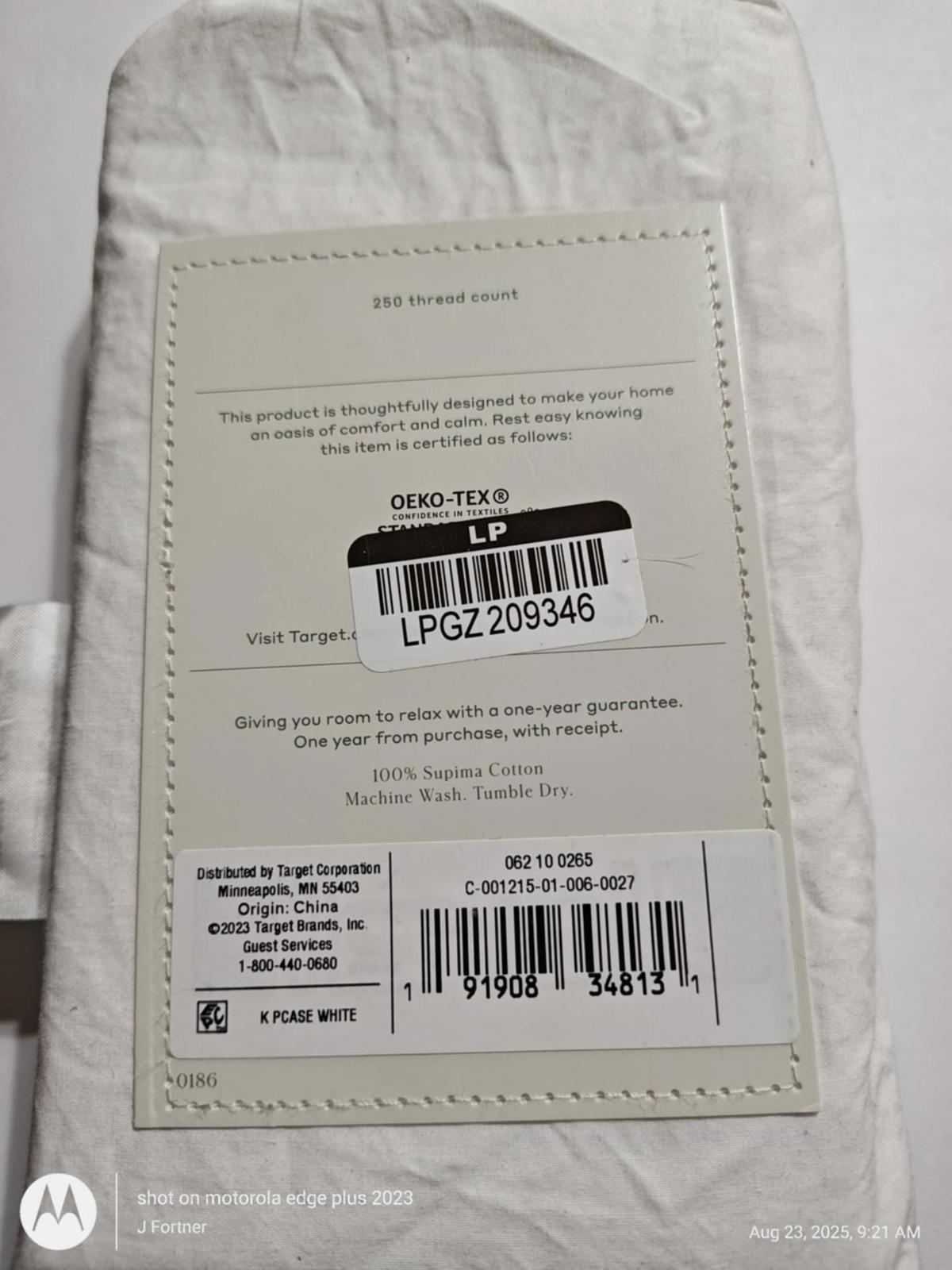 LPGZ 209346 product label showing Oeko-Tex certification and care instructions.