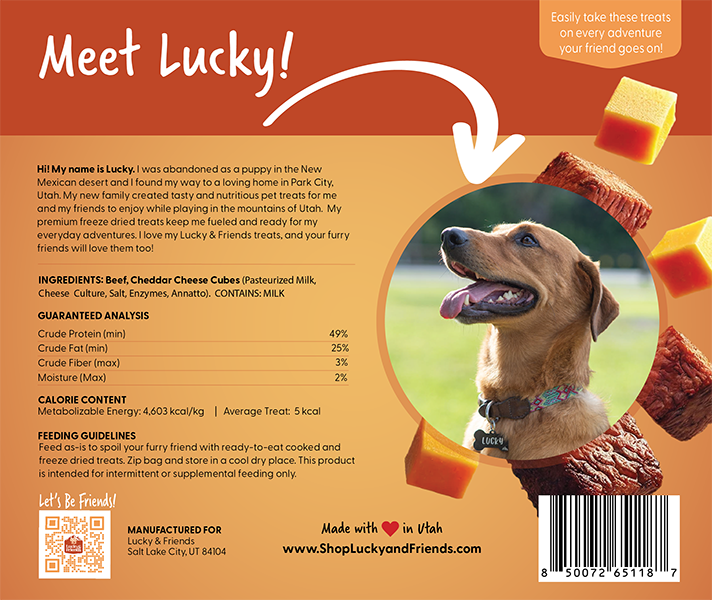 Lucky Cheddar Cheese Treats for dogs, featuring a playful dog and tasty cheese cubes.