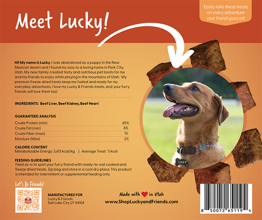 Lucky dog treats made with beef liver, kidney, and heart for healthy snacking.