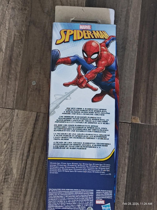 Marvel Spider-Man packaging featuring Spider-Man in action pose with web-slinging details.