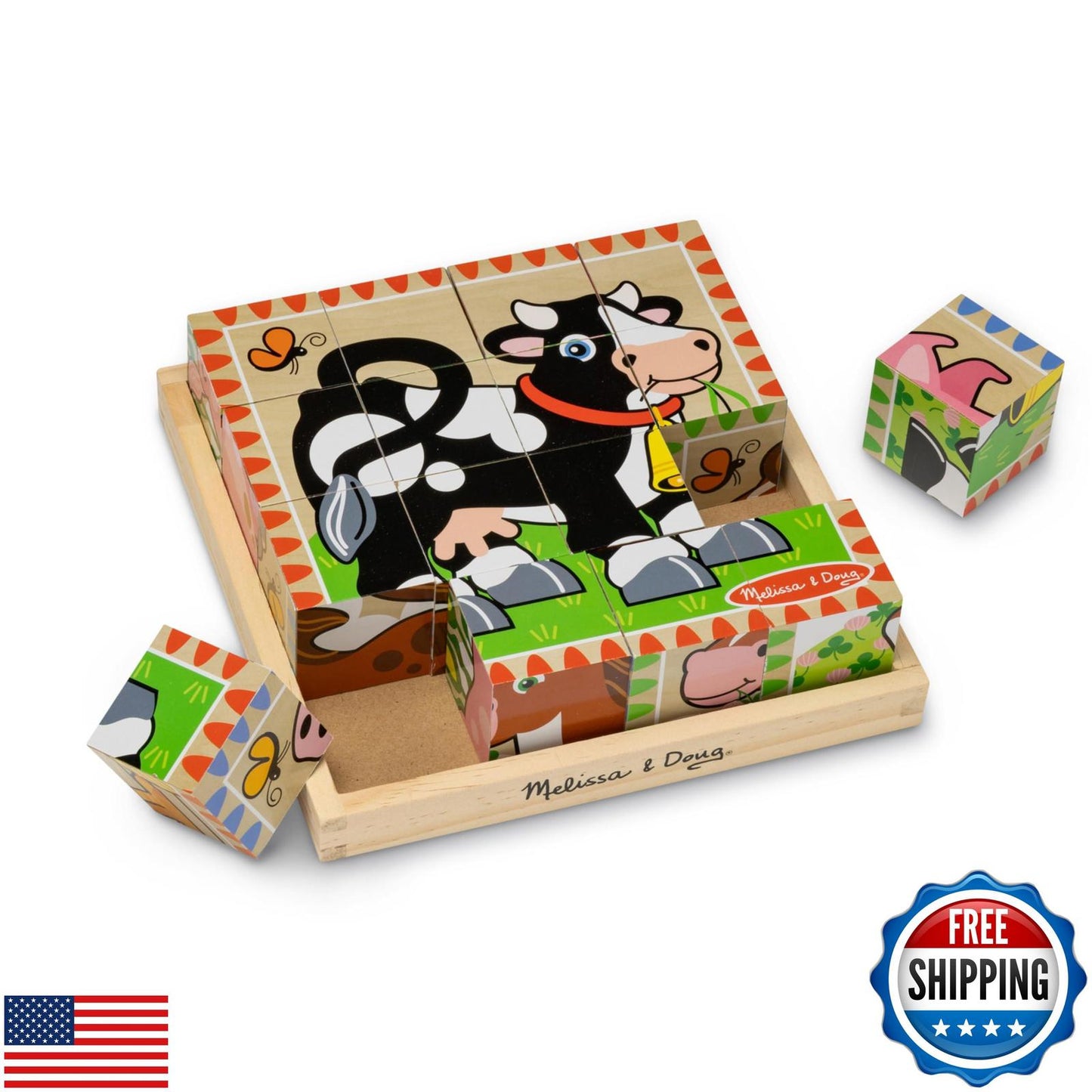 Melissa & Doug cow puzzle featuring colorful animal blocks and a wooden base.