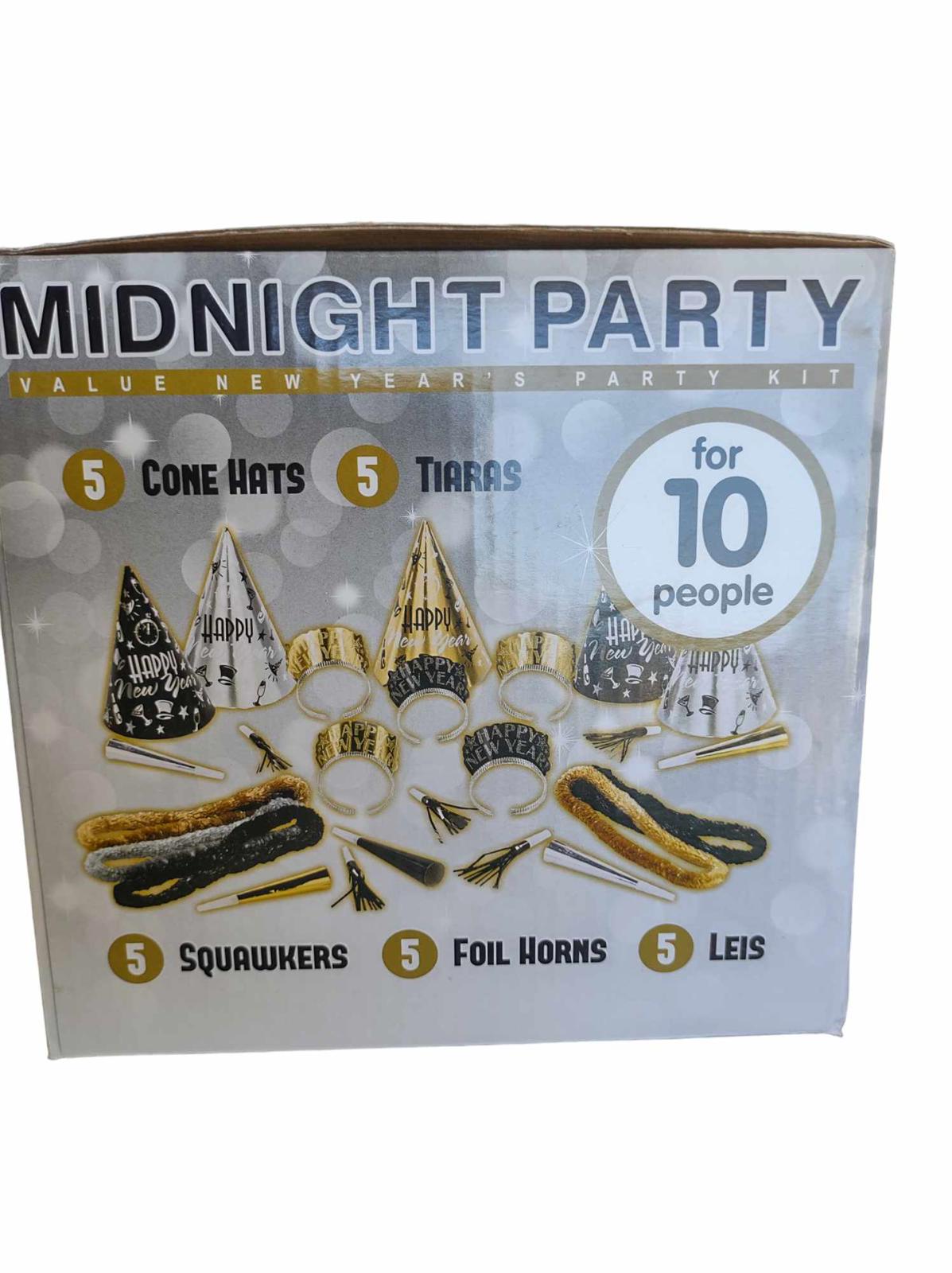 Midnight Party kit for 10 people featuring cone hats, tiaras, squawkers, foil horns, and leis.