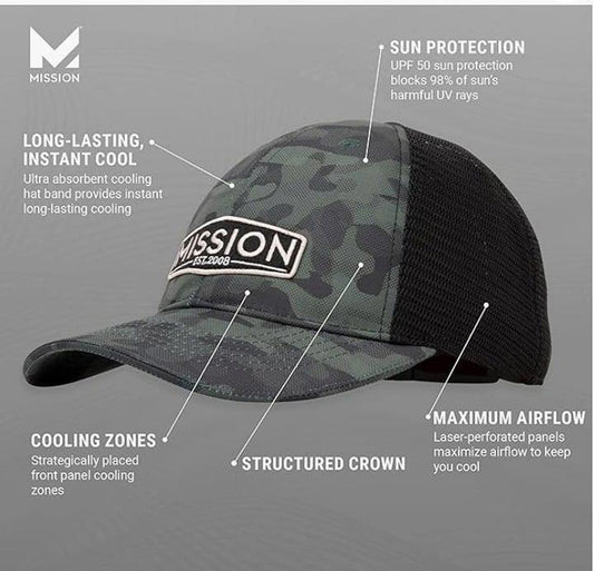 Mission Cooling Cap features sun protection, maximum airflow, and long-lasting cooling zones.
