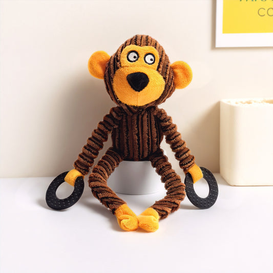 Monkey plush toy with orange ears and rings, perfect for cuddling and playtime.